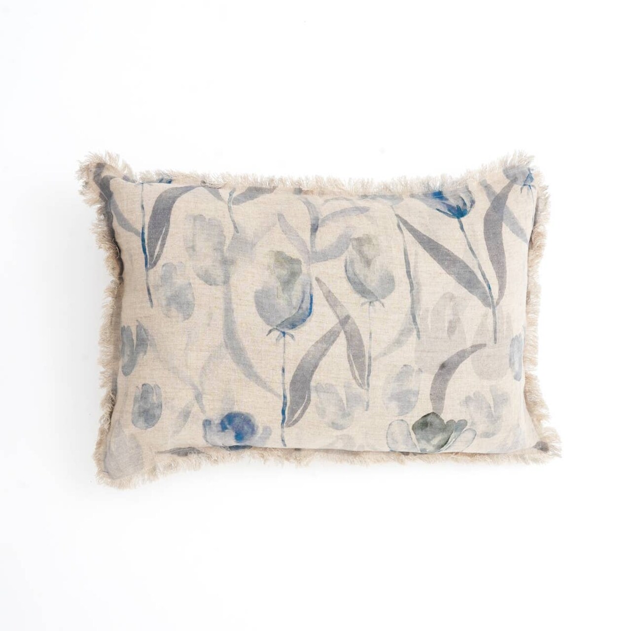 Decorative Linen Printed Lumbar Pillow 16" x 24" – Fringed Accent Cushion